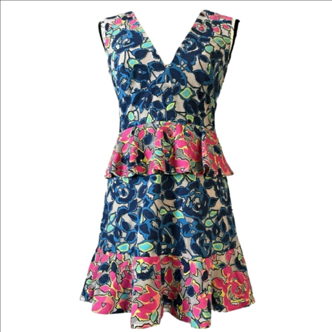 Bcbgmaxazria Caron Dress Peplum Dark Ink Floral Print Burnout Mesh Size 4